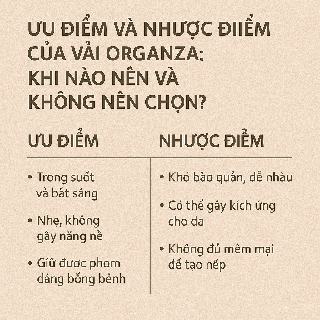 Ưu điểm và nhược điểm của vải Organza: Khi nào nên và không nên chọn?
