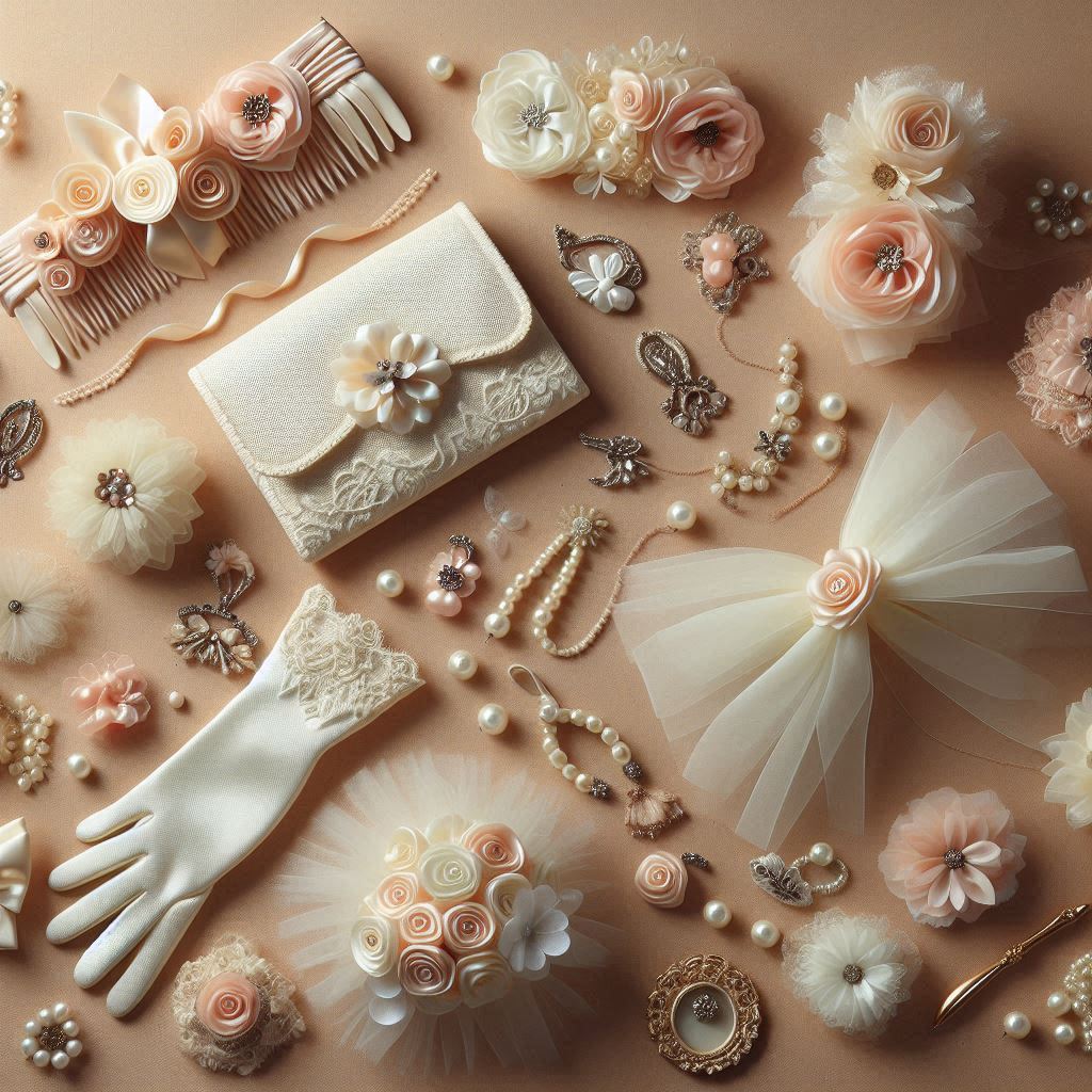 Phụ kiện cưới làm từ Organza: Hoa cài tóc, găng tay, túi ví...