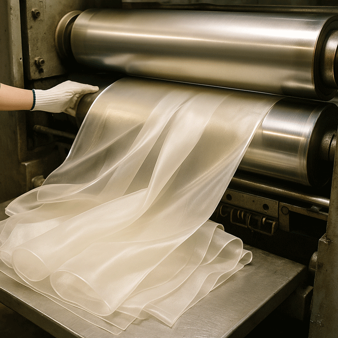 Công nghệ hoàn tất vải Organza: Tạo độ bóng và độ cứng.