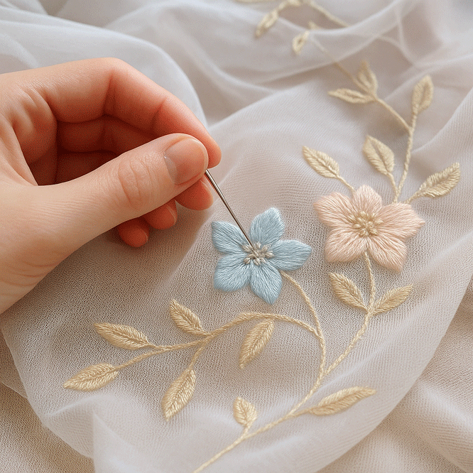 Organza thêu: Nghệ thuật tinh xảo trên nền vải mỏng manh.