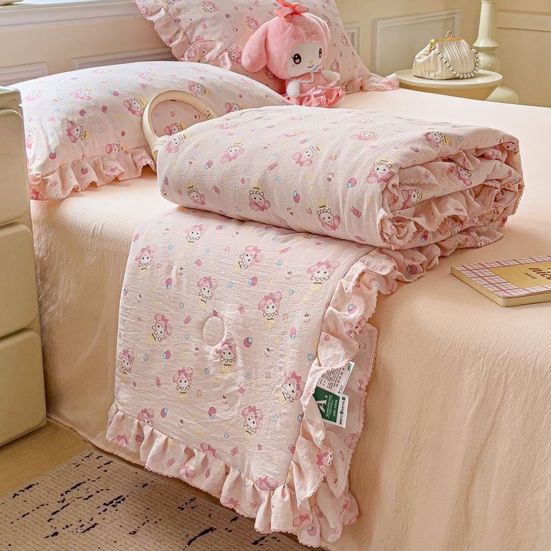 Bộ chăn ga gối cotton nguyên chất ren Hàn Quốc bốn món mùa hè thoáng mát, điều hòa không khí, chăn mỏng